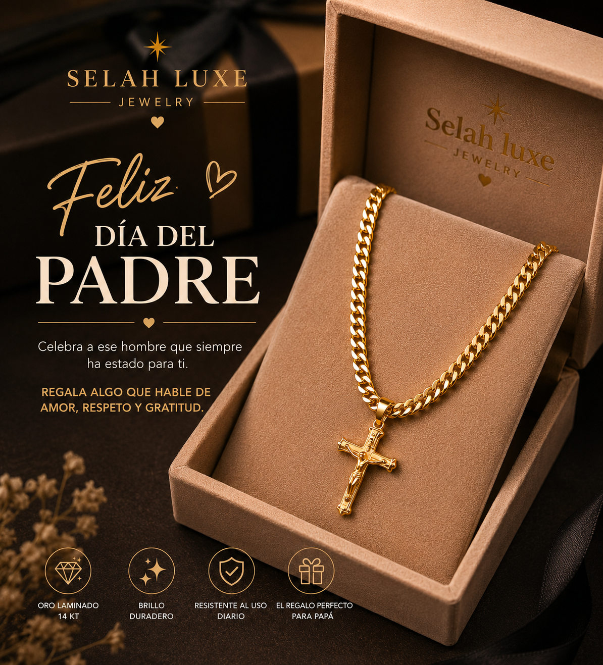 Selah Luxe / 14K Gold-Plated Crucifix Pendant Cuban Link Chain Necklace
