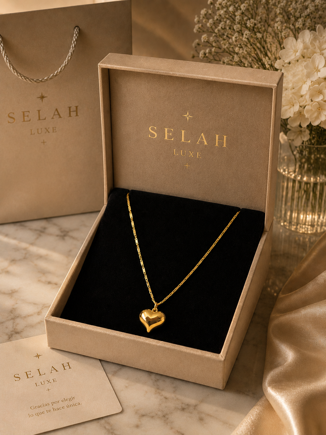 Selah Luxe Puffy Heart Pendant Bar Chain Necklace – 18K Gold Plated