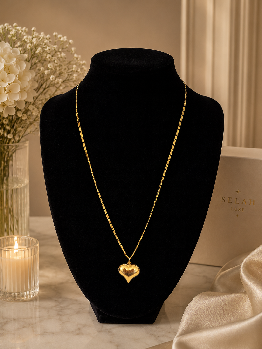 Selah Luxe Puffy Heart Pendant Bar Chain Necklace – 18K Gold Plated