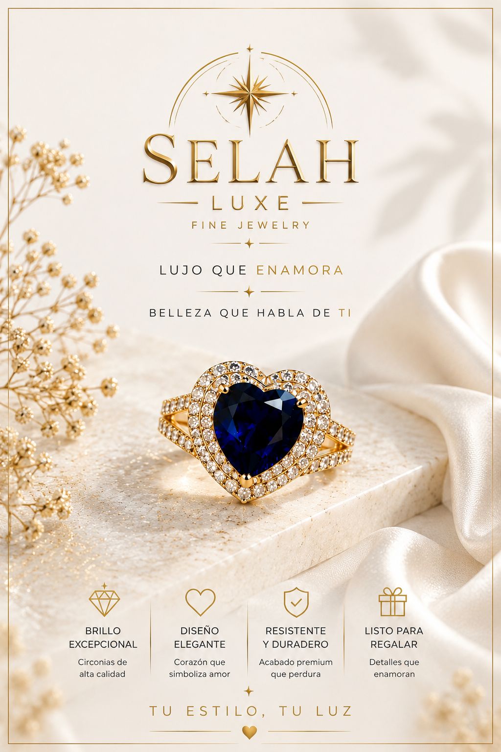Sapphire Heart Ring — Gold Cubic Zirconia