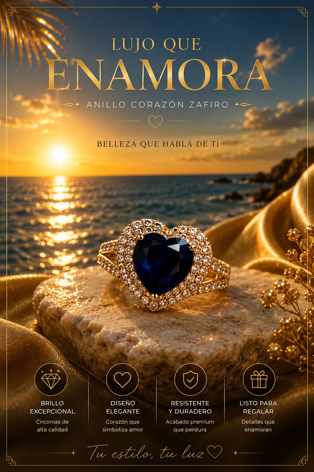 Sapphire Heart Ring — Gold Cubic Zirconia