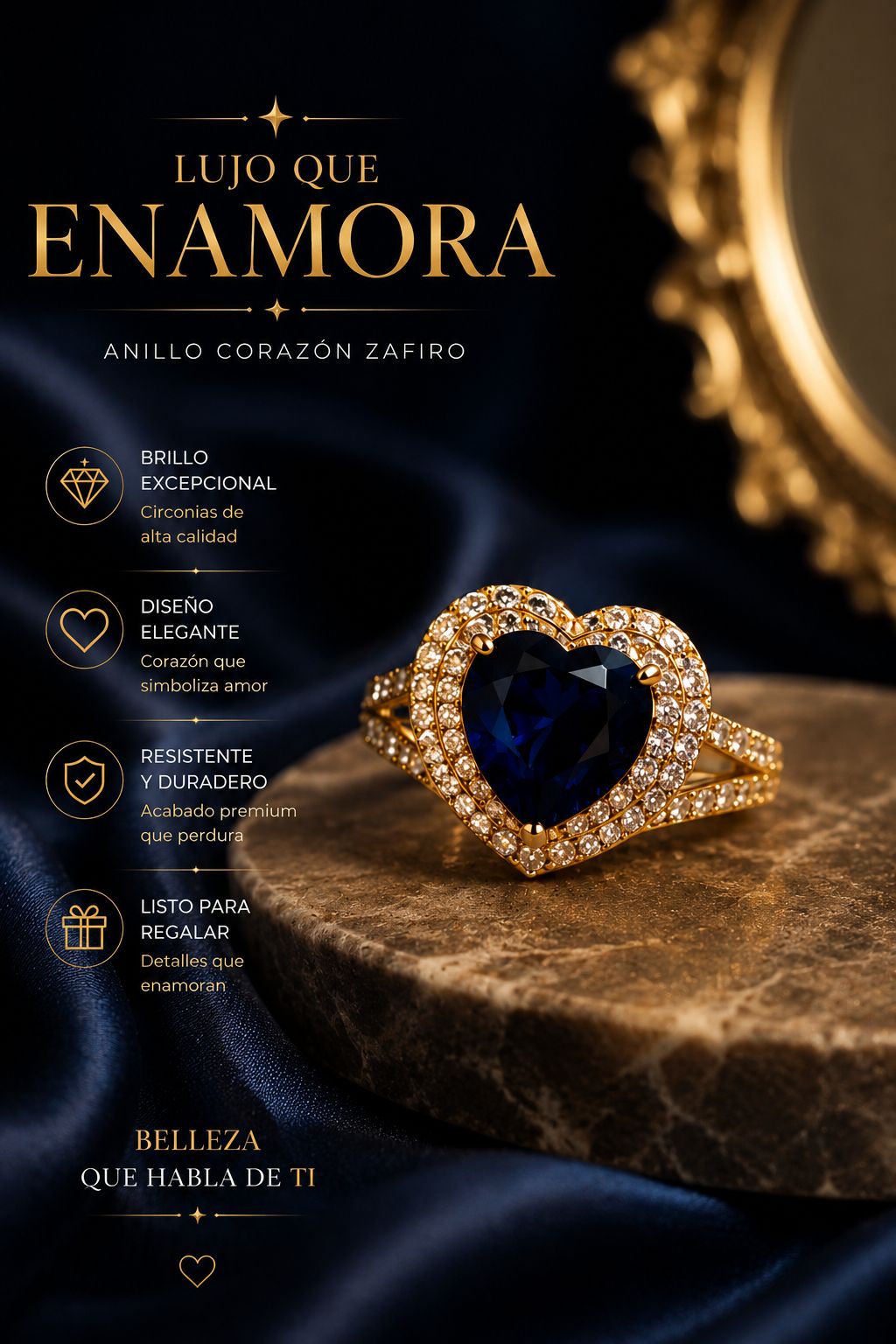 Sapphire Heart Ring — Gold Cubic Zirconia
