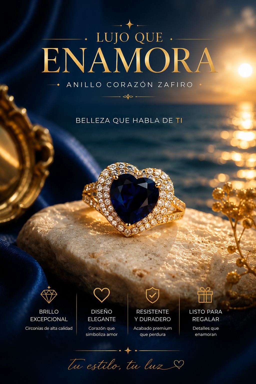 Sapphire Heart Ring — Gold Cubic Zirconia