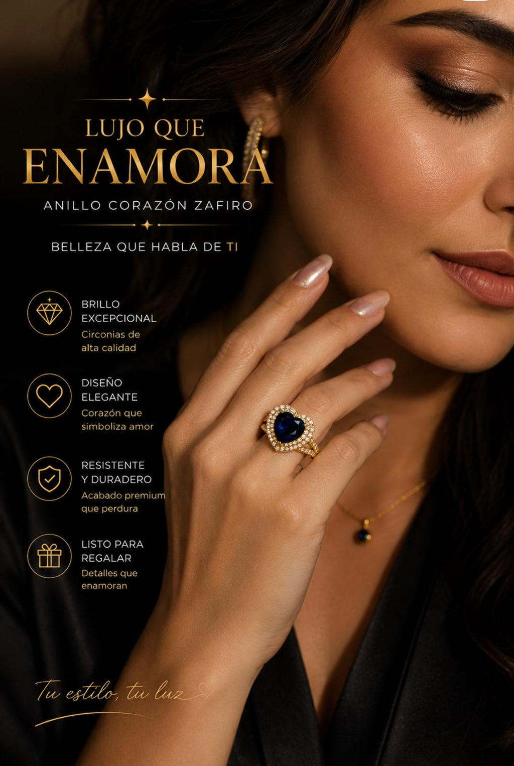 Sapphire Heart Ring — Gold Cubic Zirconia