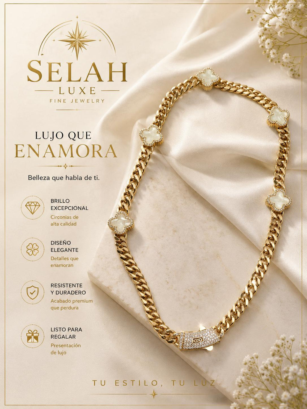 Mother of Pearl Flower Cuban Chain — Gold Cubic Zirconia