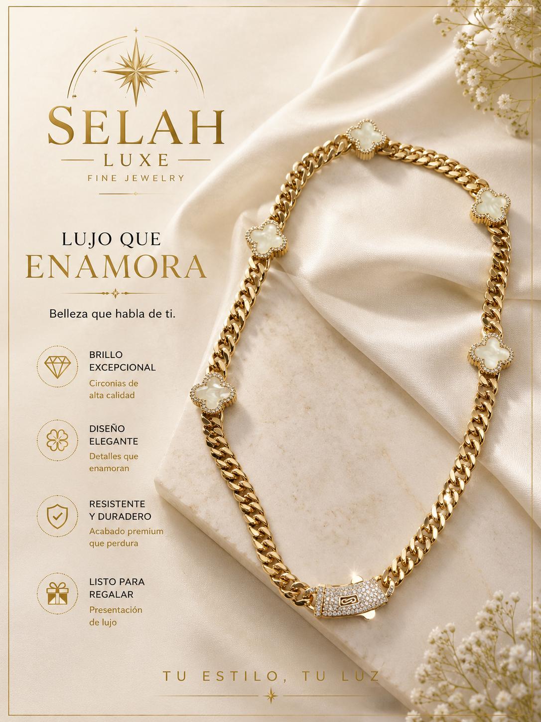Mother of Pearl Flower Cuban Chain — Gold Cubic Zirconia