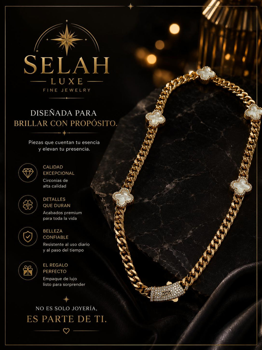 Mother of Pearl Flower Cuban Chain — Gold Cubic Zirconia