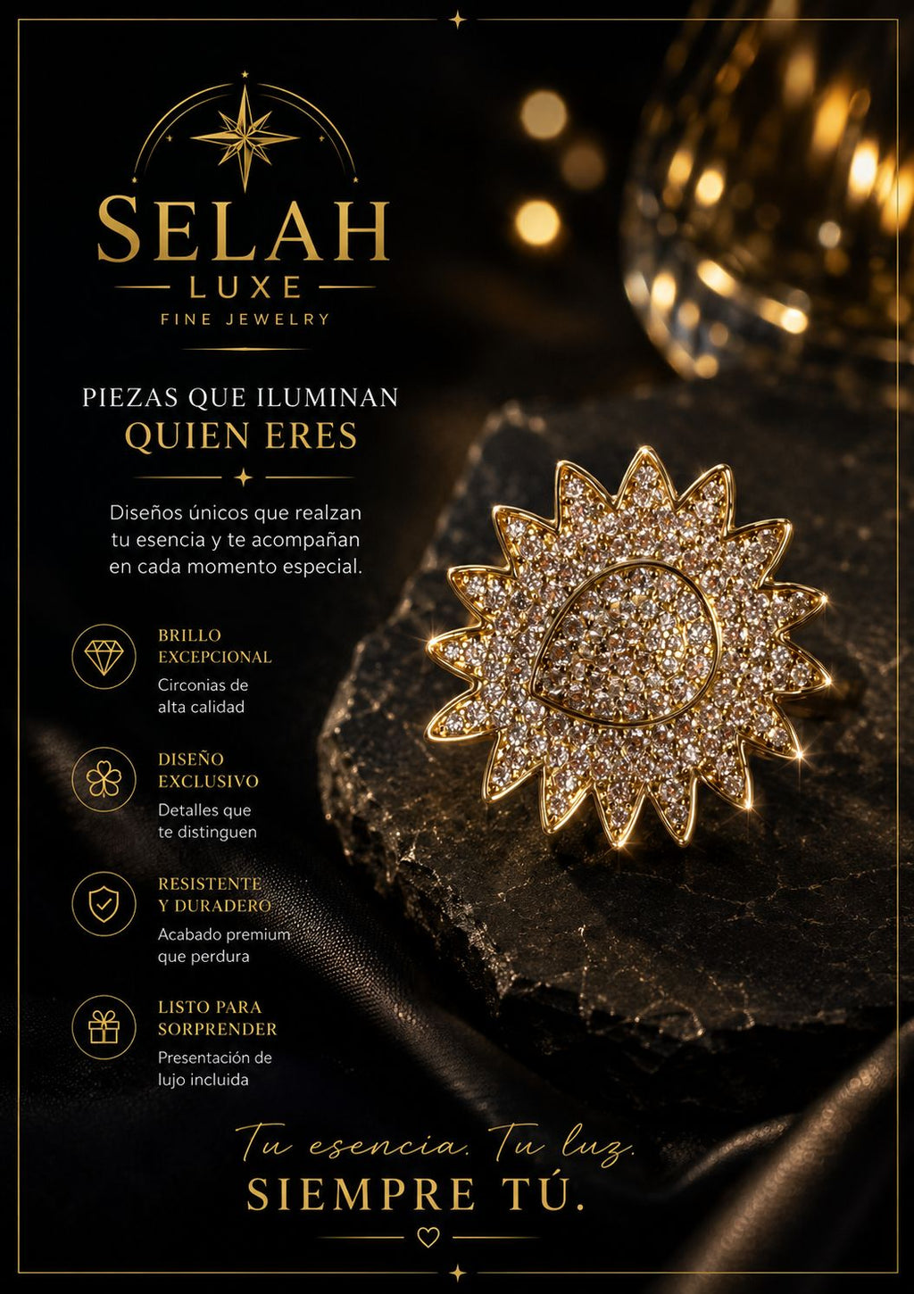 Golden Eye Sun Ring — Premium Zirconia- Gold Plated 14Kt