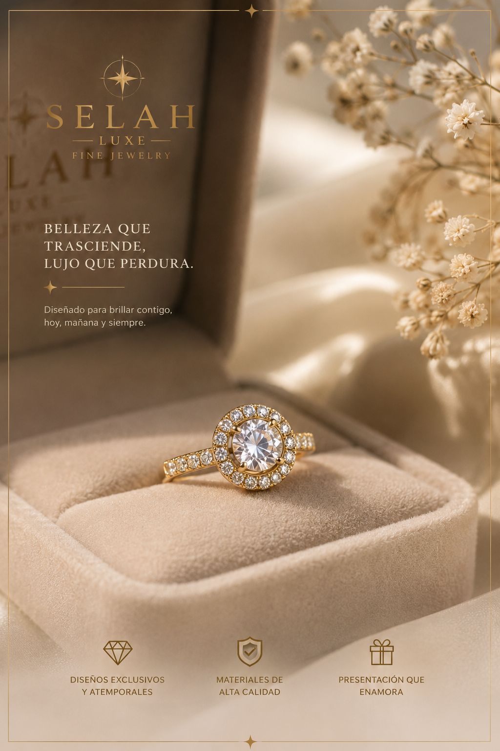 Gold Halo Ring with Round CZ Center Stone | Selah Luxe