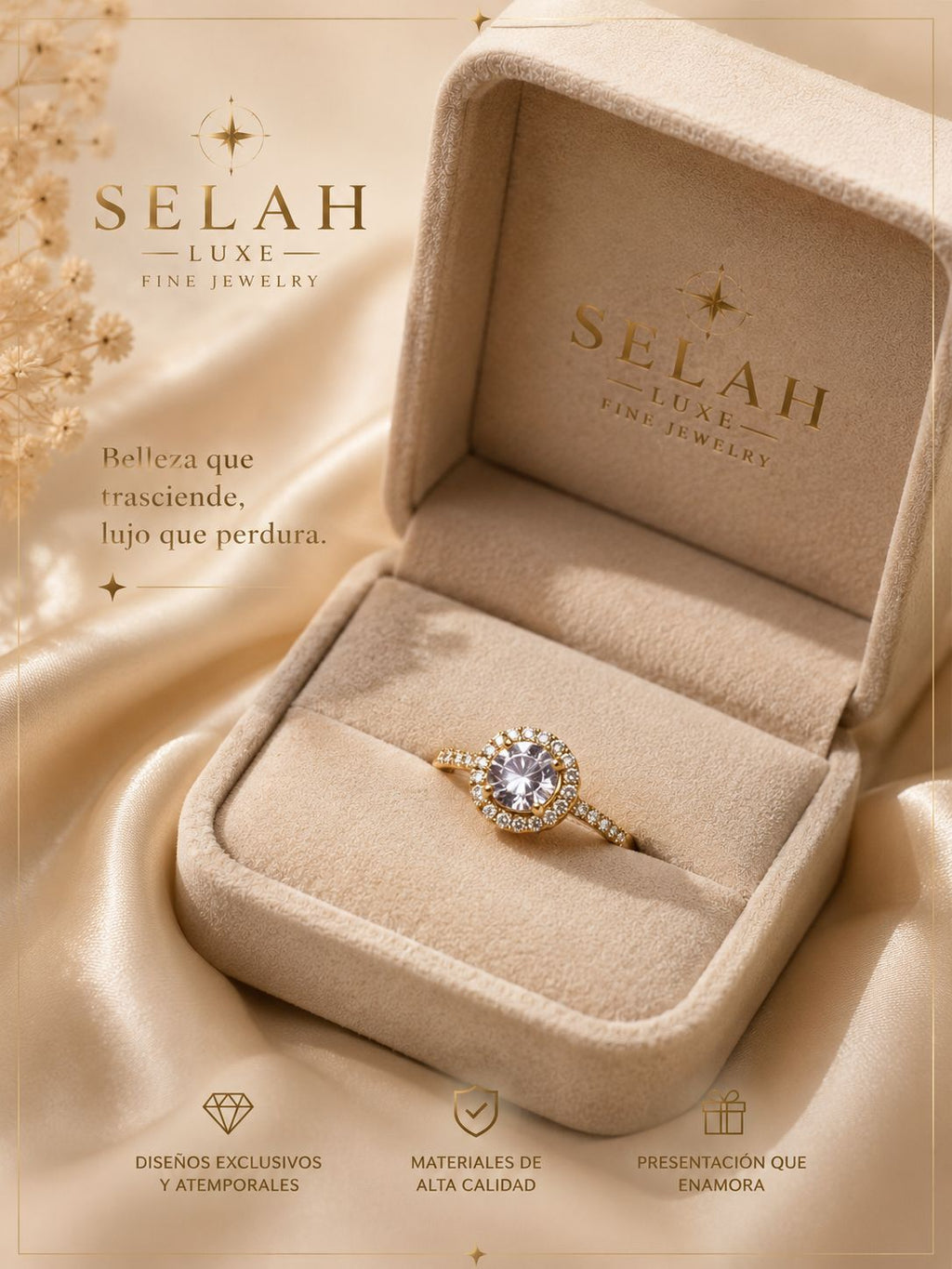 Gold Halo Ring with Round CZ Center Stone | Selah Luxe