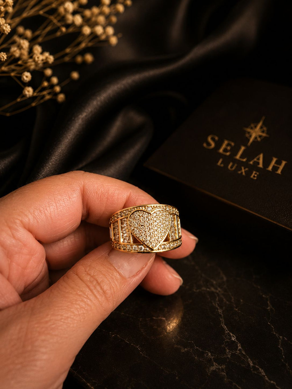 Gold Wide Band Heart Ring with Pavé CZ | Selah Luxe
