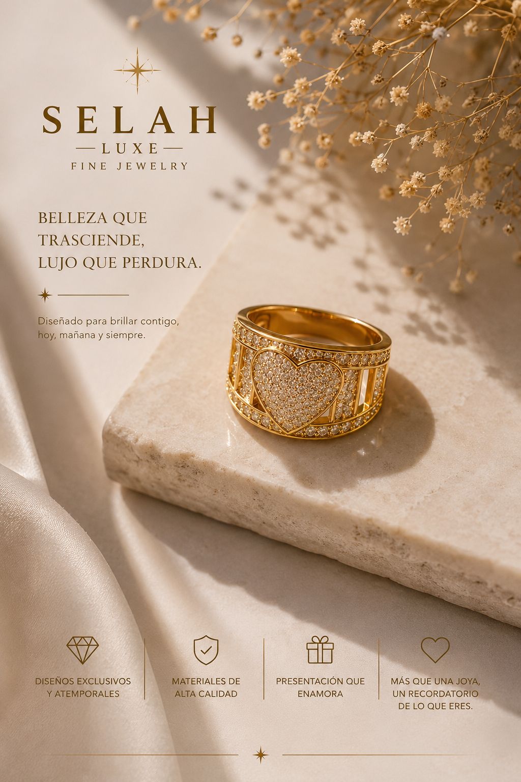 Gold Wide Band Heart Ring with Pavé CZ | Selah Luxe