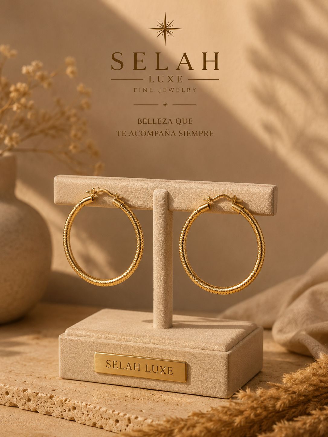 Selah Luxe / Textured Gold-Plated Ribbed Hoop Earrings – Medium