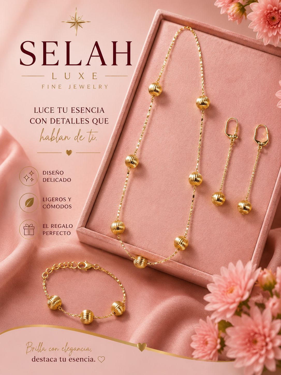 Selah Luxe / Gold-Plated Ribbed Ball Jewelry Set – Necklace, Earrings & Bracelet