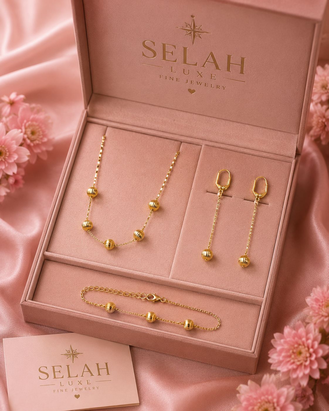 Selah Luxe / Gold-Plated Ribbed Ball Jewelry Set – Necklace, Earrings & Bracelet
