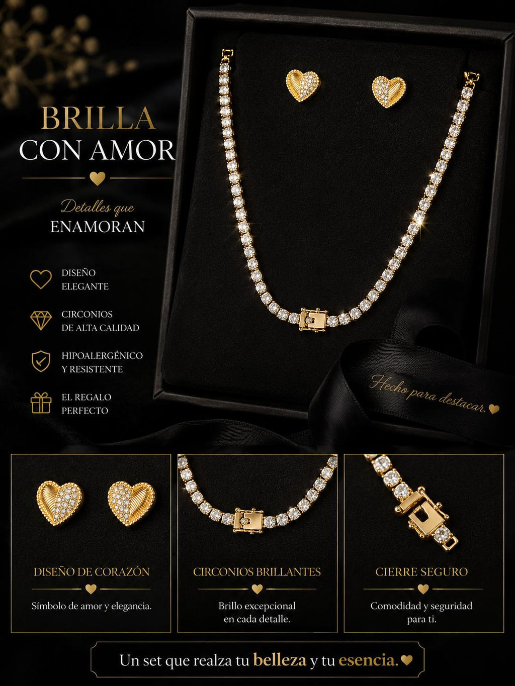 Selah Luxe / Gold-Plated Crystal Tennis Necklace & Heart Stud