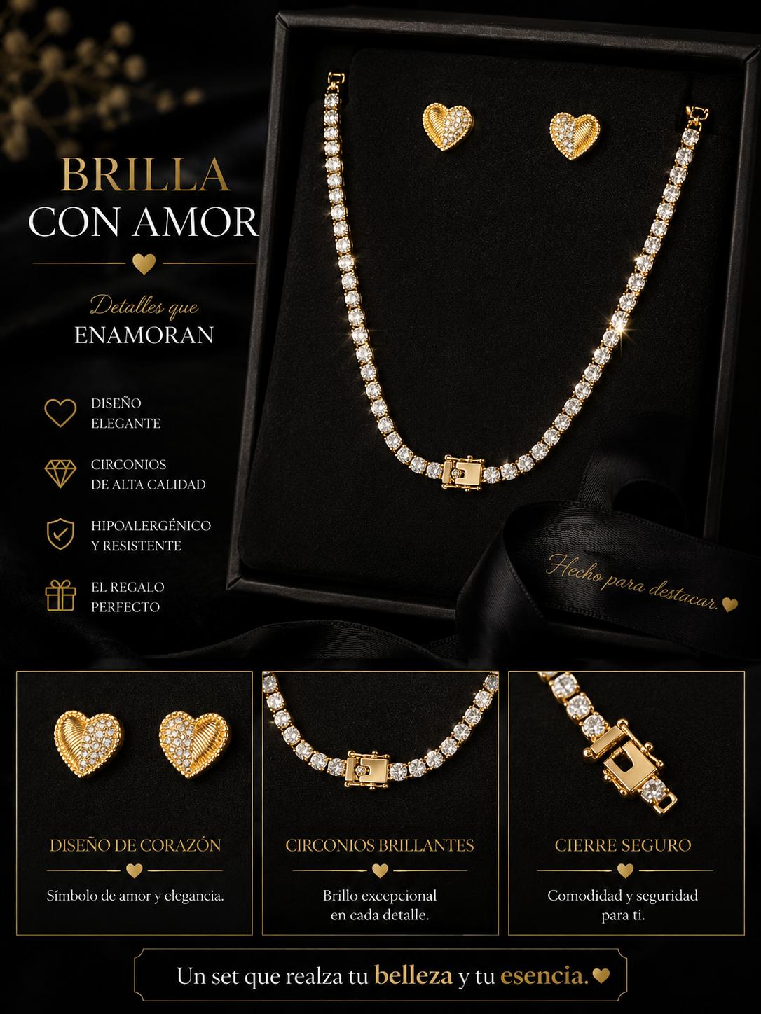 Selah Luxe / Gold-Plated Crystal Tennis Necklace & Heart Stud