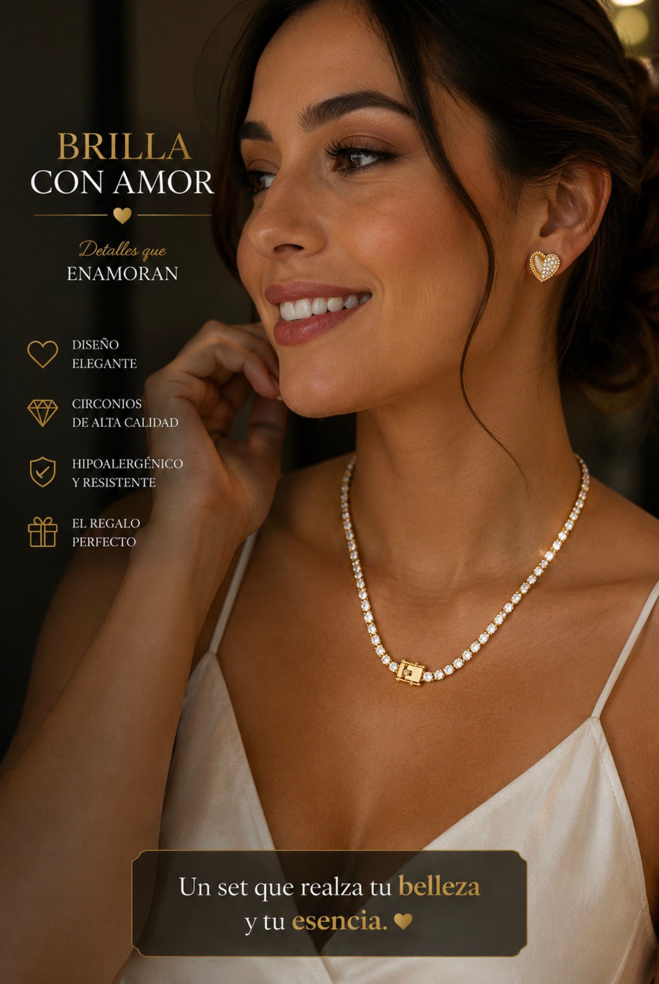 Selah Luxe / Gold-Plated Crystal Tennis Necklace & Heart Stud