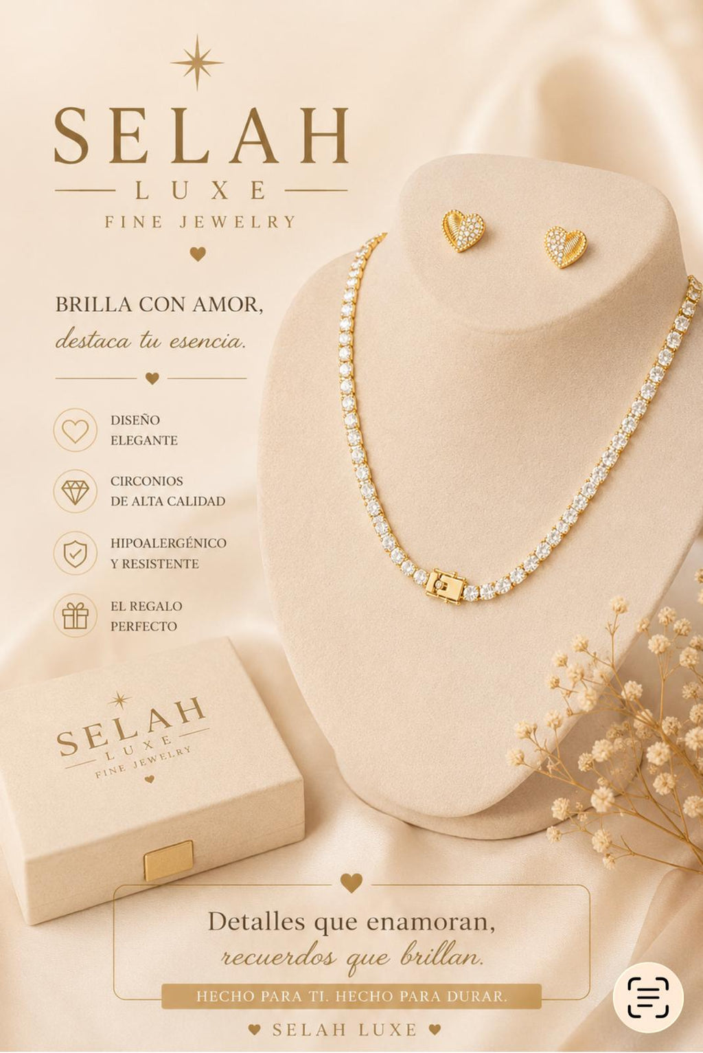 Selah Luxe / Gold-Plated Crystal Tennis Necklace & Heart Stud