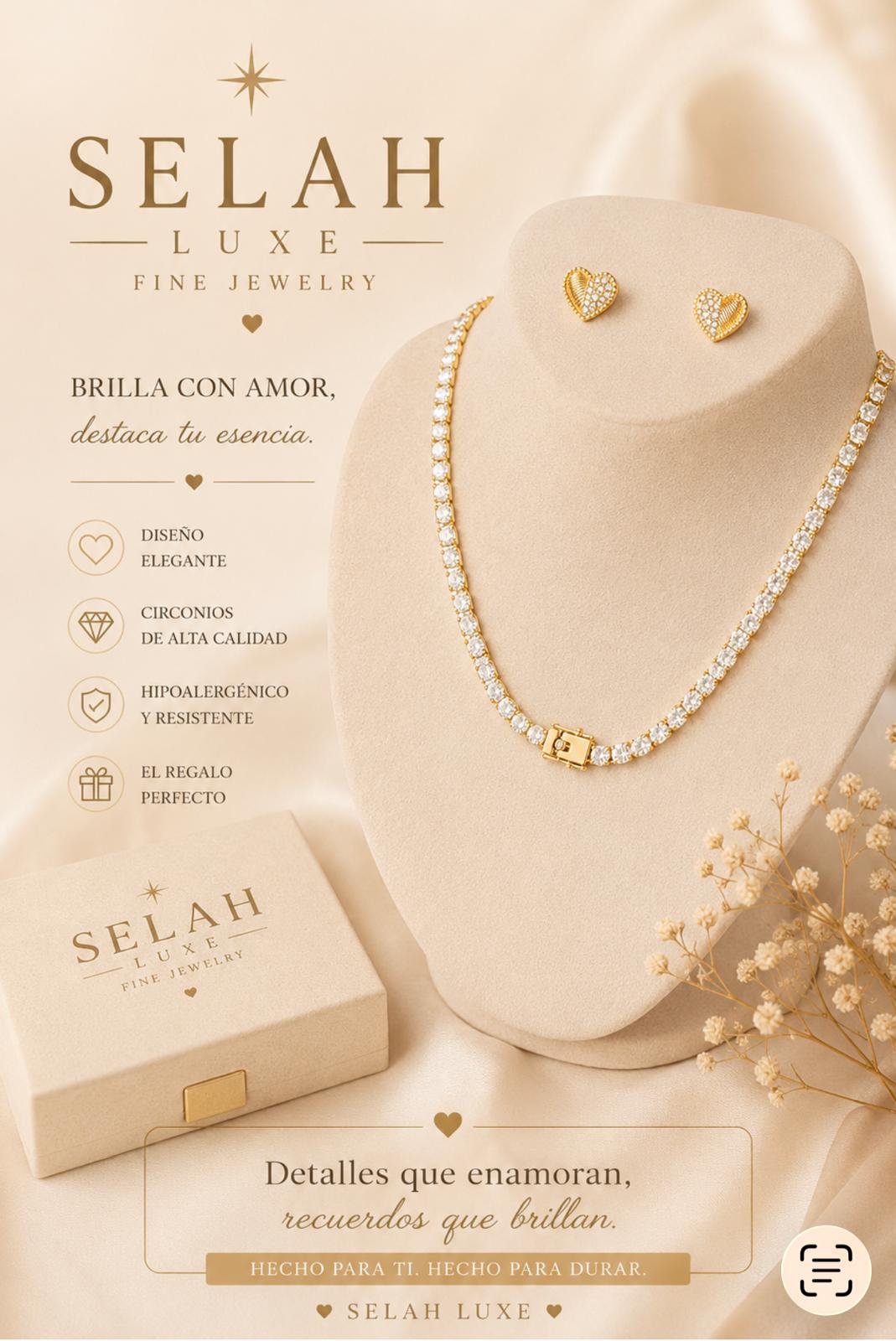 Selah Luxe / Gold-Plated Crystal Tennis Necklace & Heart Stud
