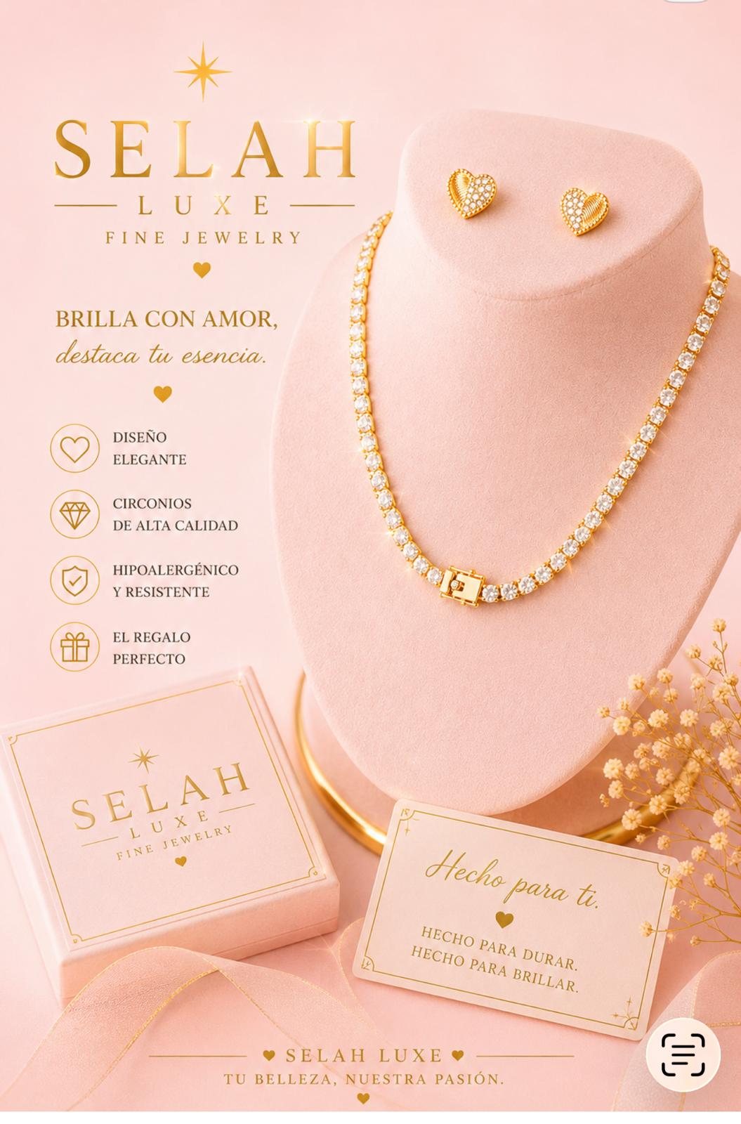 Selah Luxe / Gold-Plated Crystal Tennis Necklace & Heart Stud