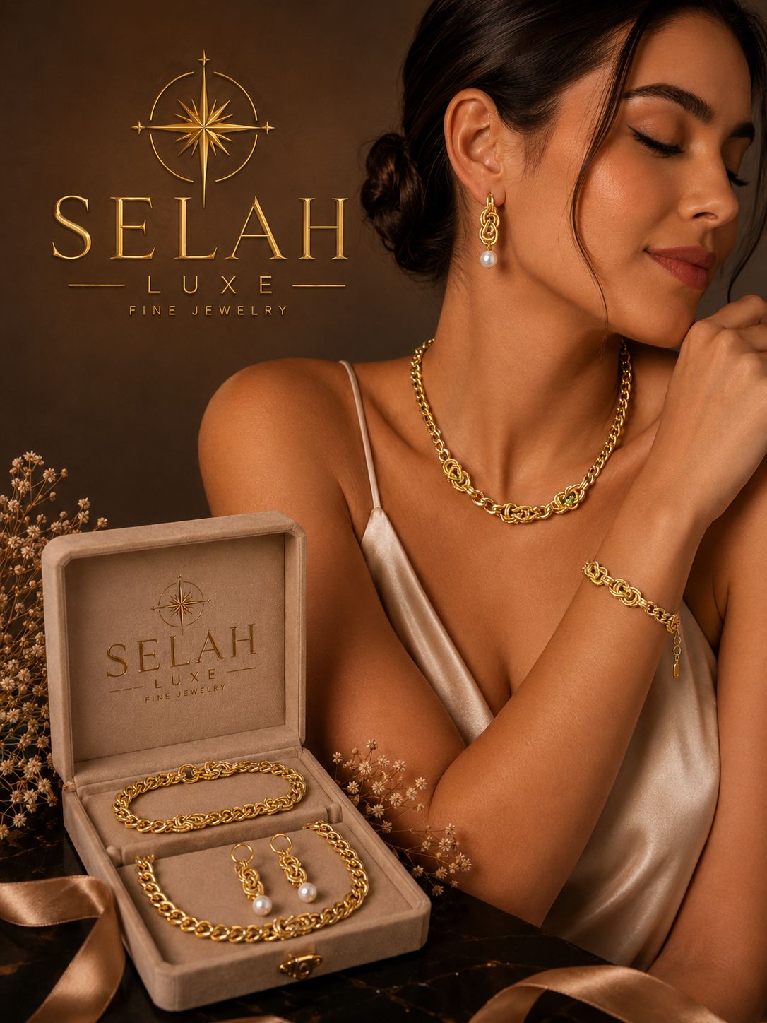 Selah Luxe / Gold-Plated Cuban Chain & Pearl Drop Earrings Set