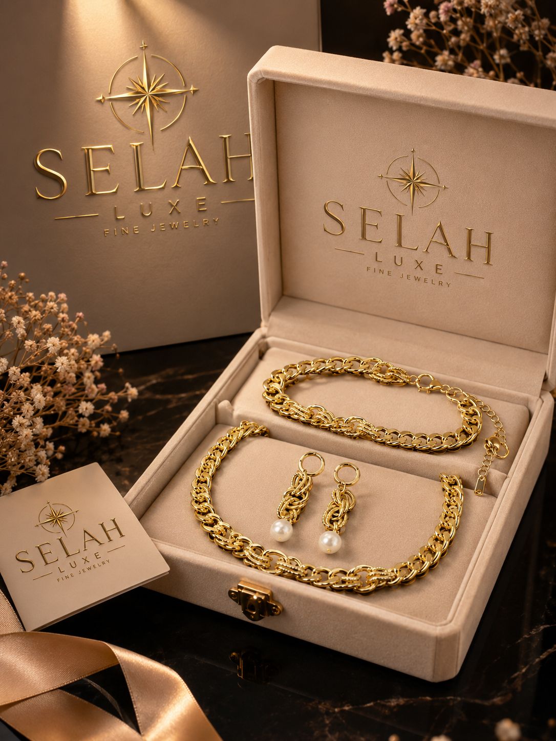 Selah Luxe / Gold-Plated Cuban Chain & Pearl Drop Earrings Set
