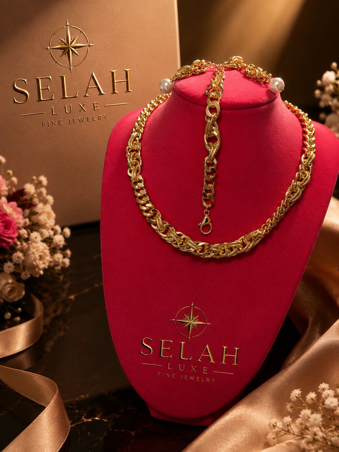 Selah Luxe / Gold-Plated Cuban Chain & Pearl Drop Earrings Set