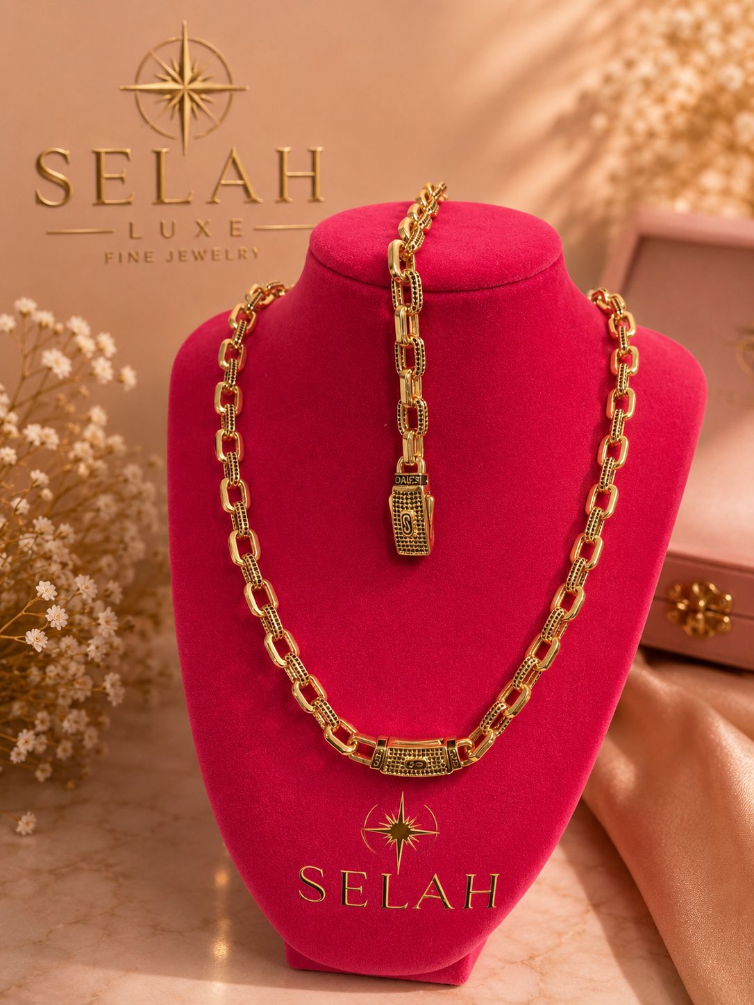 Selah Luxe / Gold-Plated Chunky Textured Link Chain Necklace & Bracelet Set