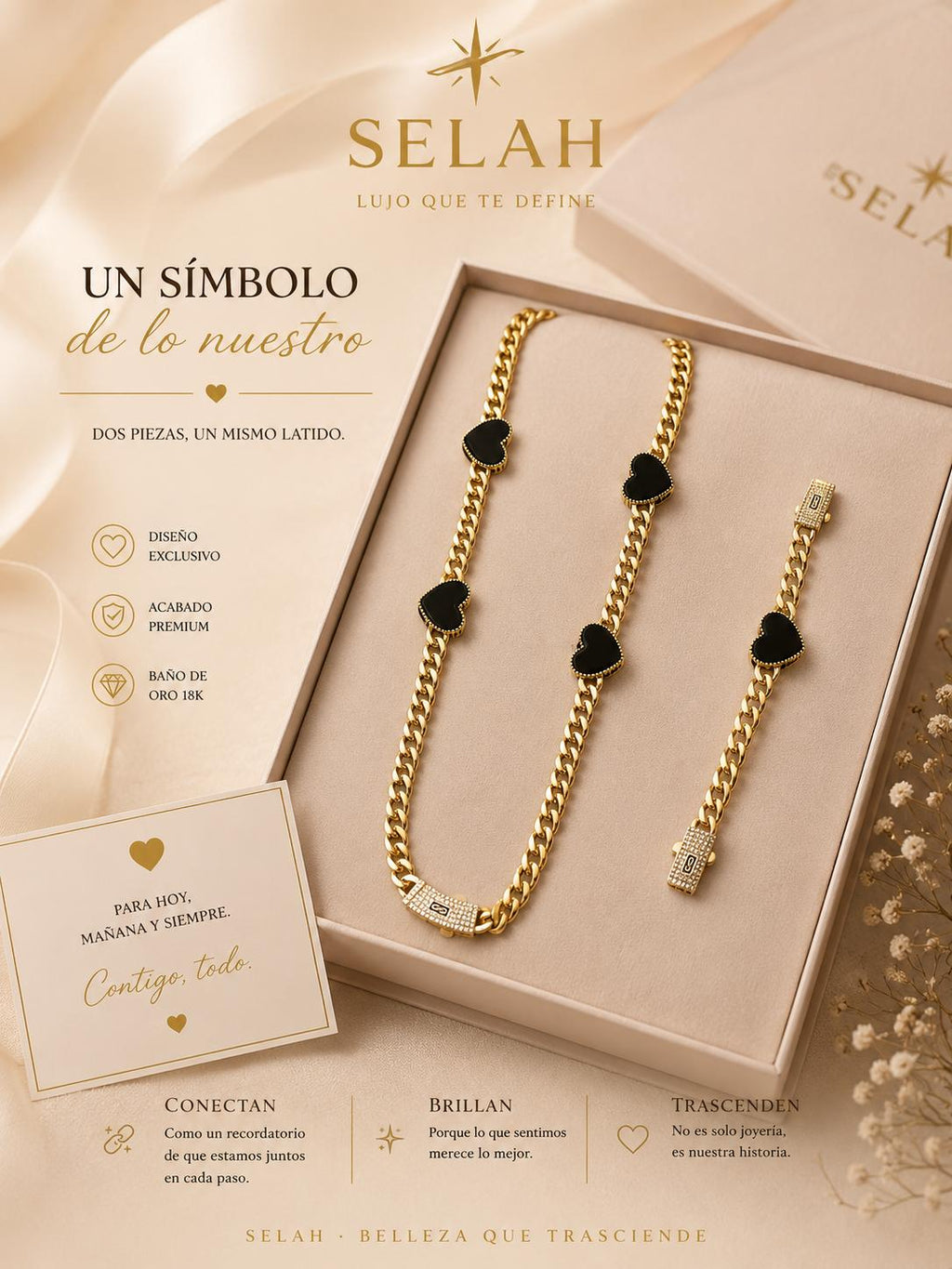 Selah Luxe / 14K Gold-Plated Cuban Chain & Black Heart Necklace and Bracelet Set