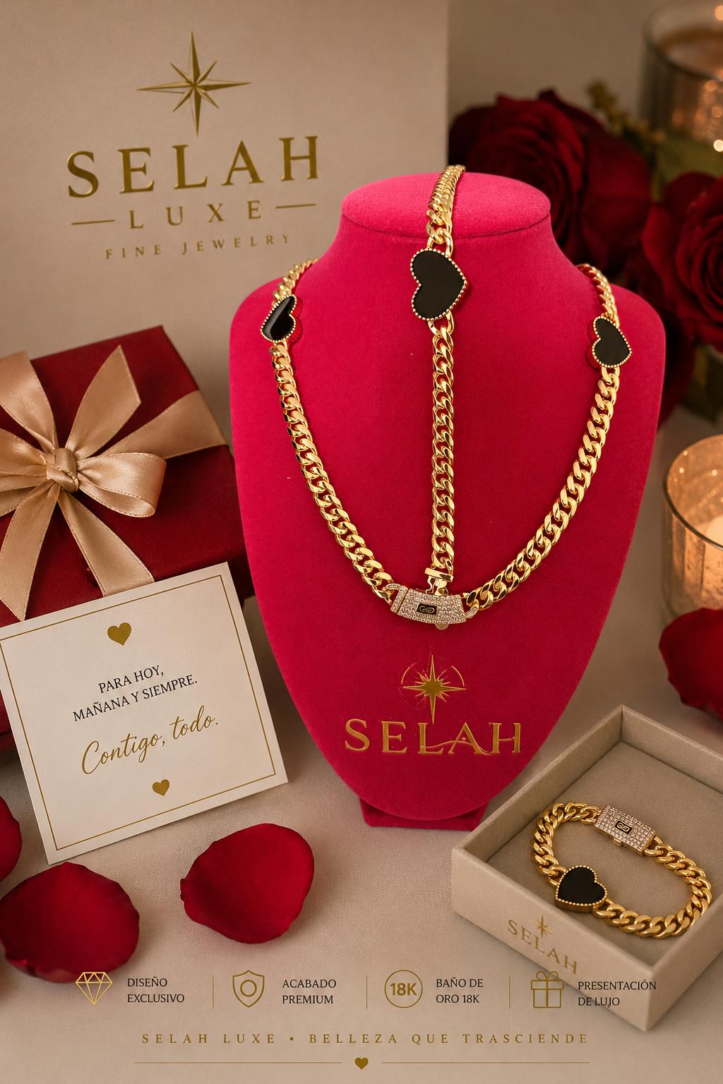 Selah Luxe / 14K Gold-Plated Cuban Chain & Black Heart Necklace and Bracelet Set