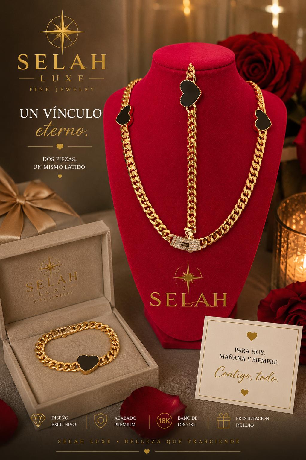 Selah Luxe / 14K Gold-Plated Cuban Chain & Black Heart Necklace and Bracelet Set