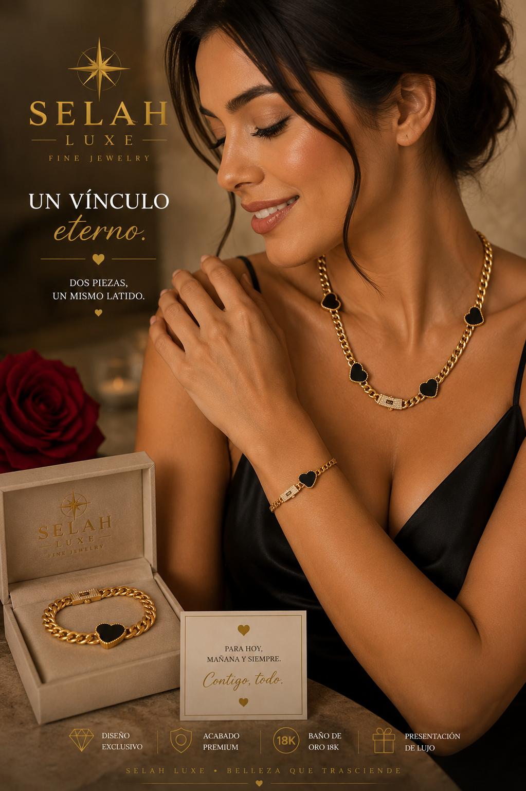 Selah Luxe / 14K Gold-Plated Cuban Chain & Black Heart Necklace and Bracelet Set