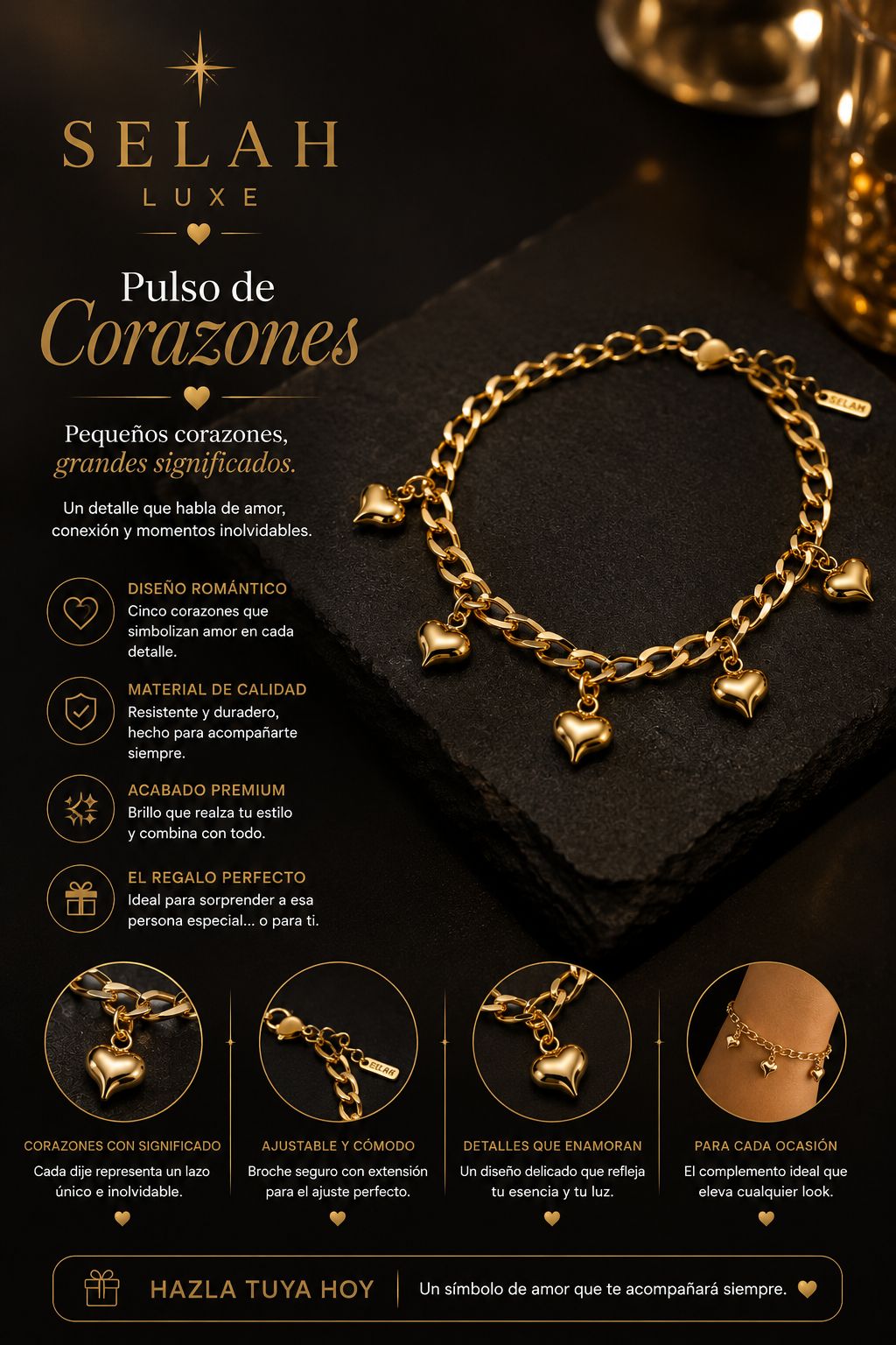 Five Hearts Charm Bracelet — Adjustable | SELAH LUXE