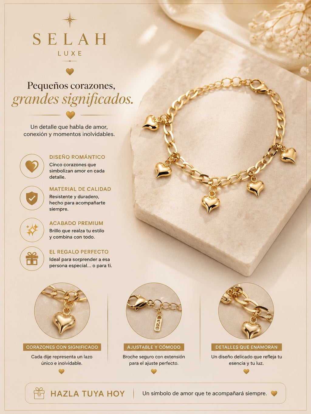 Five Hearts Charm Bracelet — Adjustable | SELAH LUXE