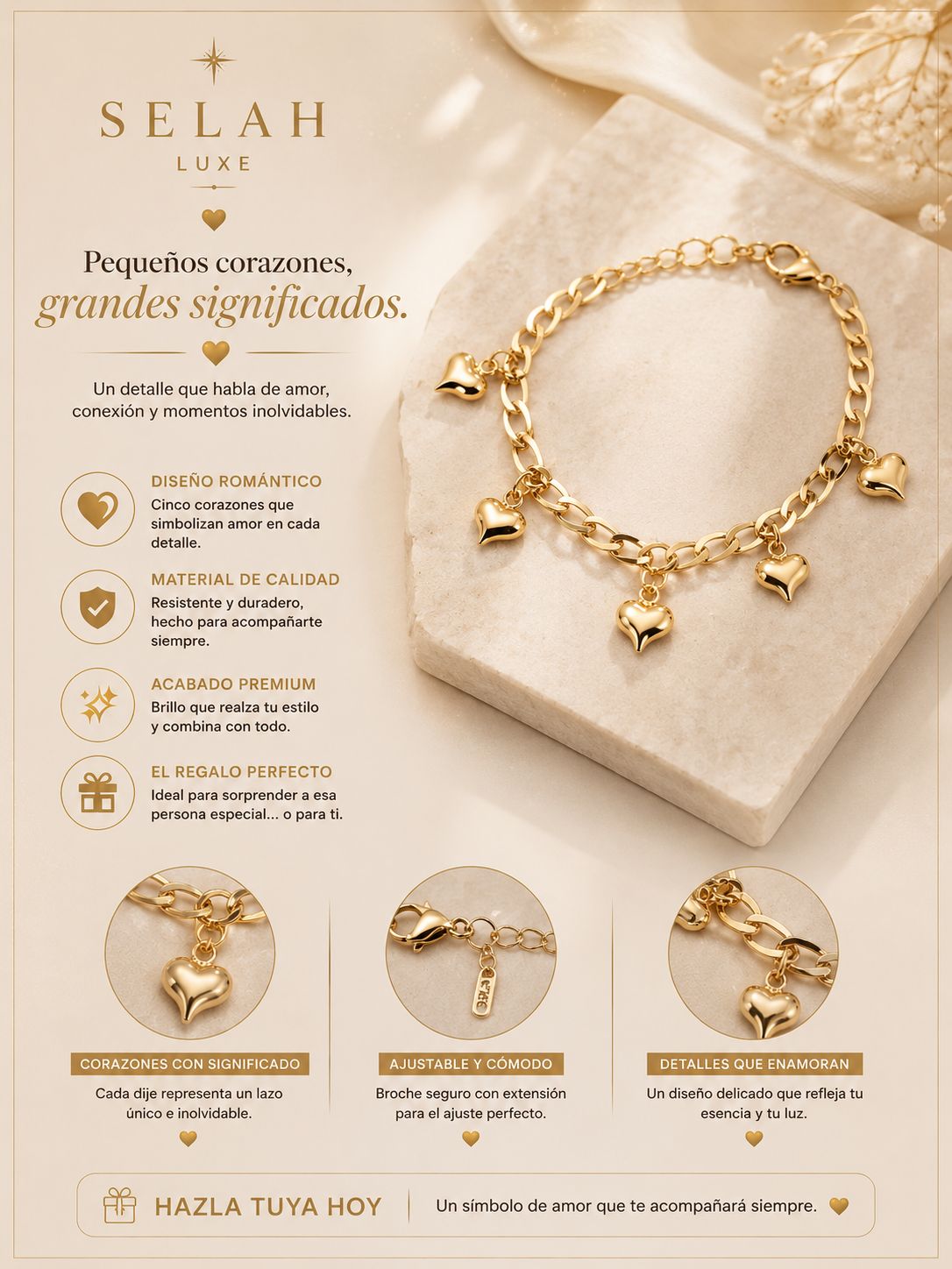 Five Hearts Charm Bracelet — Adjustable | SELAH LUXE
