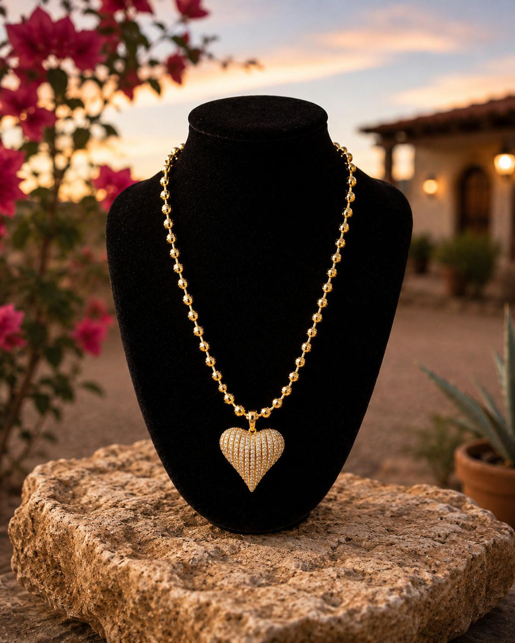 Selah Luxe / 18K Gold-Plated Pavé CZ Puffy Heart Ball Chain Necklace