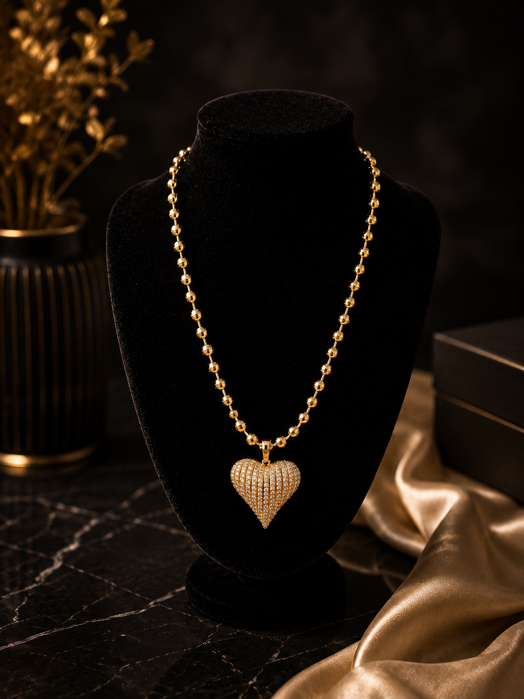 Selah Luxe / 18K Gold-Plated Pavé CZ Puffy Heart Ball Chain Necklace