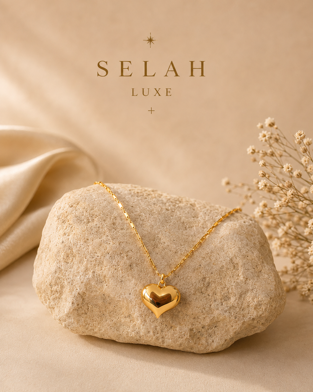 Selah Luxe Puffy Heart Pendant Bar Chain Necklace – 18K Gold Plated
