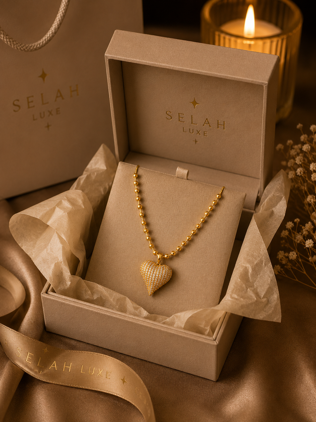 Selah Luxe / 18K Gold-Plated Pavé CZ Puffy Heart Ball Chain Necklace