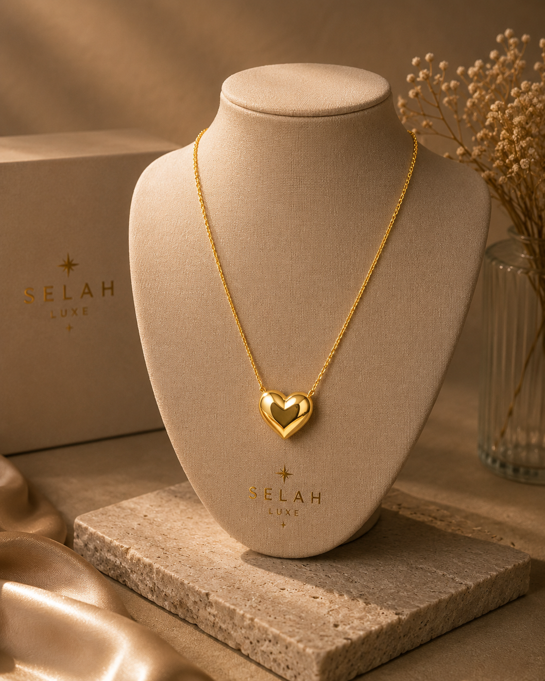 Selah Luxe / 18K Gold-Plated Dainty Puffy Heart Pendant Necklace