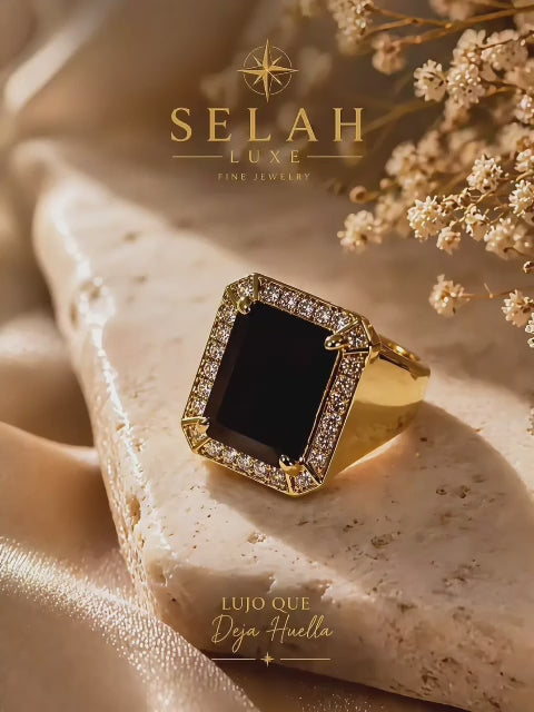 Men's Black Stone Halo Ring - 14k Gold Tone